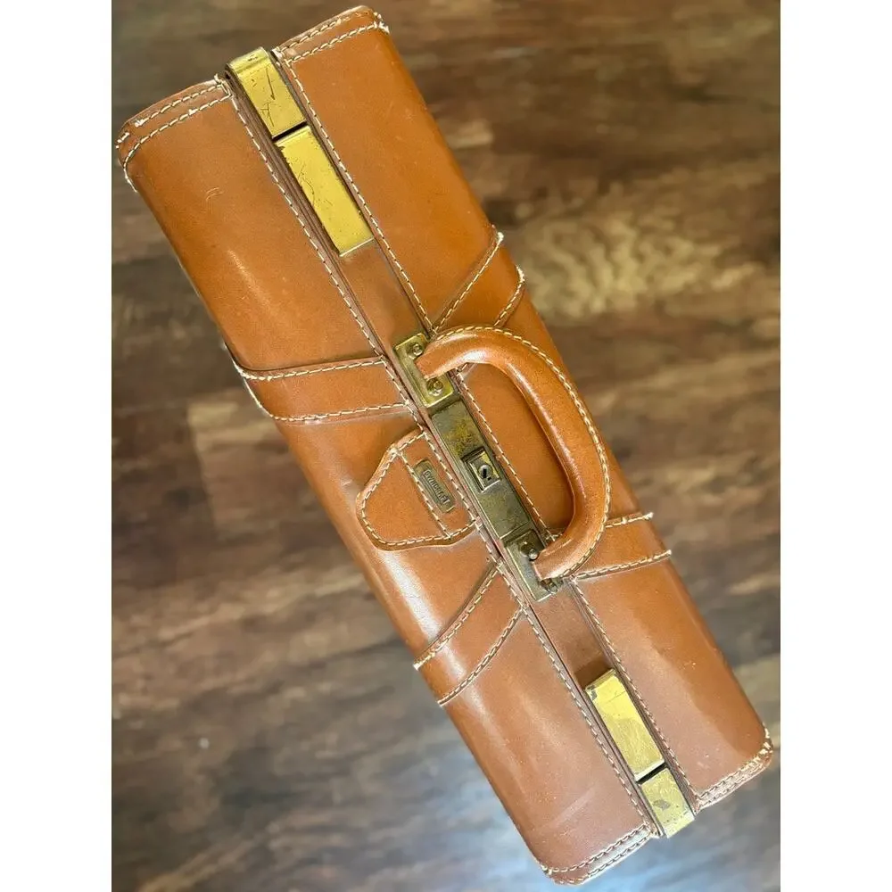 Vintage 1950s Towncraft Tan Leather Suitcase Train Case Linen Lined Brass Clasps
